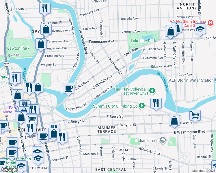 map of restaurants, bars, coffee shops, grocery stores, and more near 1021 Edgewater Avenue in Fort Wayne