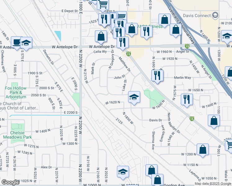map of restaurants, bars, coffee shops, grocery stores, and more near 1916 West Gregory Drive in Layton