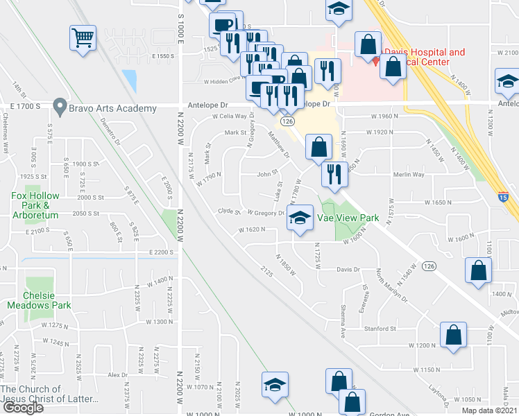 map of restaurants, bars, coffee shops, grocery stores, and more near 1916 West Gregory Drive in Layton