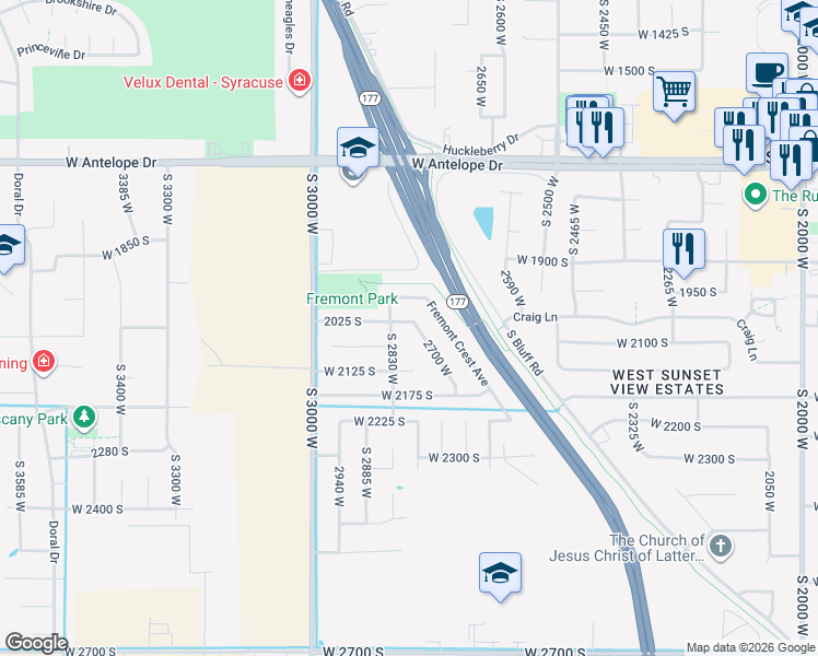 map of restaurants, bars, coffee shops, grocery stores, and more near 2799 1975 South in Syracuse