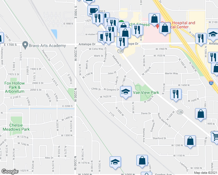 map of restaurants, bars, coffee shops, grocery stores, and more near 1916 West Gregory Drive in Layton