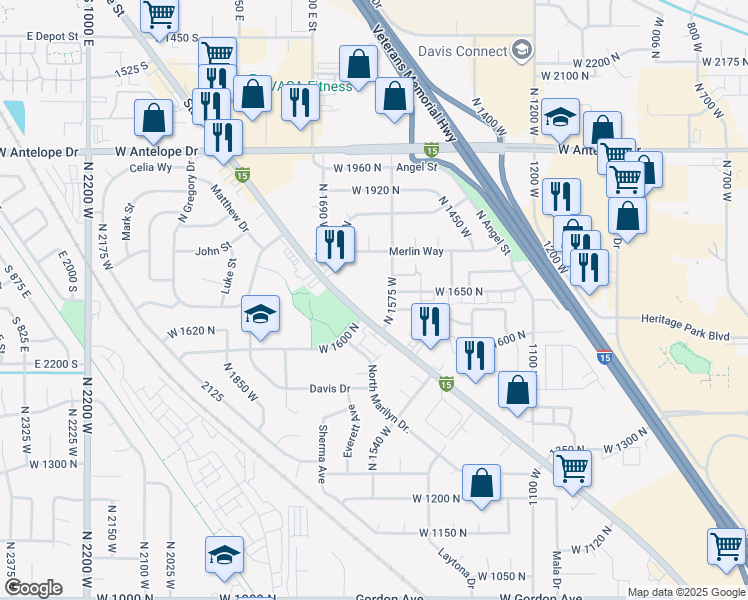 map of restaurants, bars, coffee shops, grocery stores, and more near 1658 North 1600 West in Layton