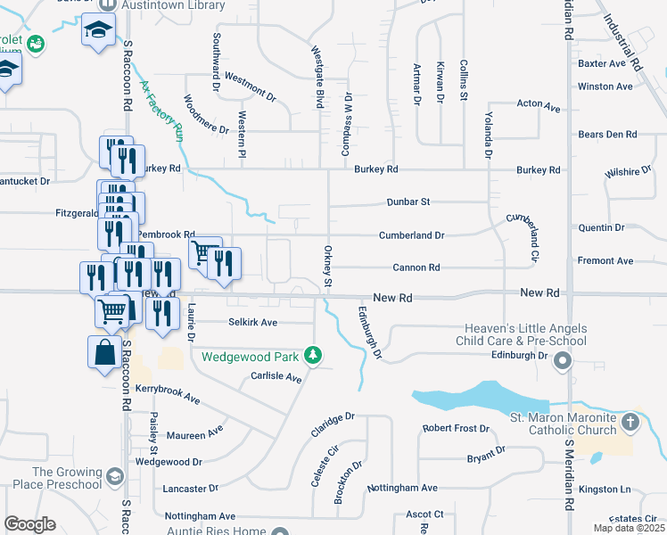 map of restaurants, bars, coffee shops, grocery stores, and more near 3975 Cannon Road in Austintown