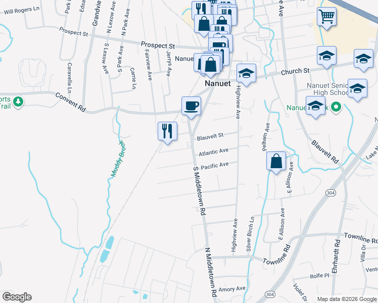map of restaurants, bars, coffee shops, grocery stores, and more near 1 Rockland Avenue in Nanuet