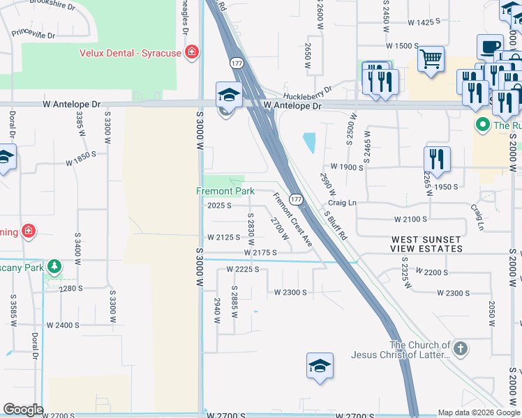 map of restaurants, bars, coffee shops, grocery stores, and more near 2803 West 2025 South in Syracuse