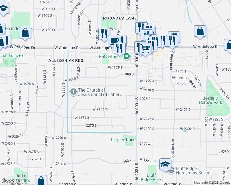 map of restaurants, bars, coffee shops, grocery stores, and more near 1148 West 2050 South in Syracuse