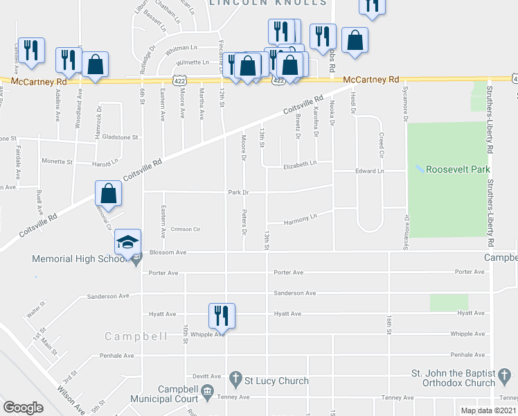 map of restaurants, bars, coffee shops, grocery stores, and more near 470 13th Street in Campbell