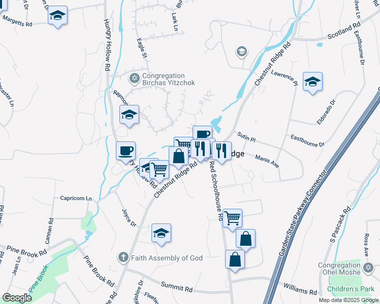 map of restaurants, bars, coffee shops, grocery stores, and more near 801 Chestnut Ridge Road in Spring Valley