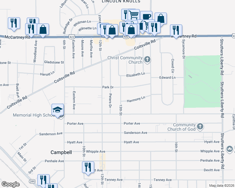 map of restaurants, bars, coffee shops, grocery stores, and more near 470 13th Street in Campbell