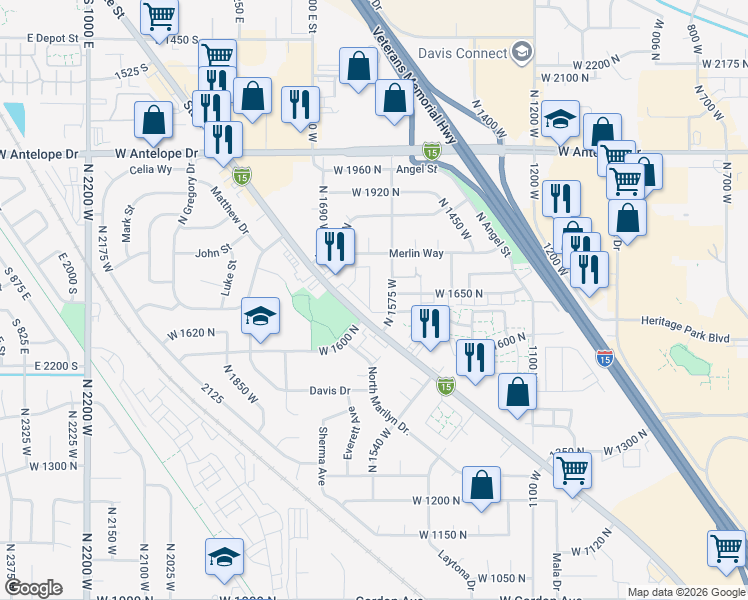map of restaurants, bars, coffee shops, grocery stores, and more near 1664 North 1600 West in Layton