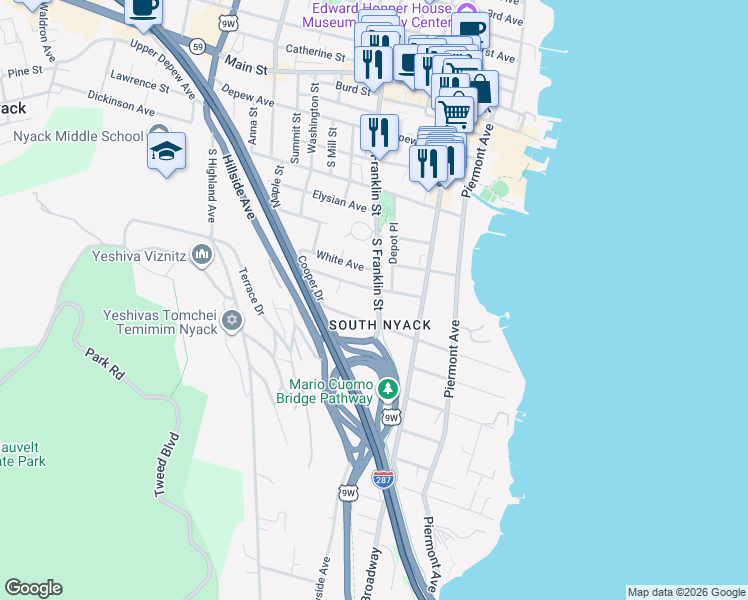 map of restaurants, bars, coffee shops, grocery stores, and more near 194 South Franklin Street in Nyack
