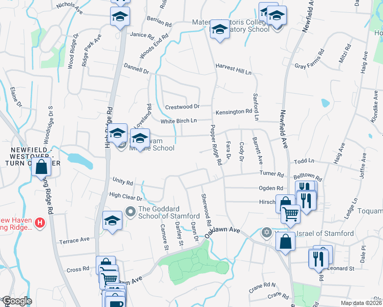 map of restaurants, bars, coffee shops, grocery stores, and more near 215 Silver Hill Lane in Stamford