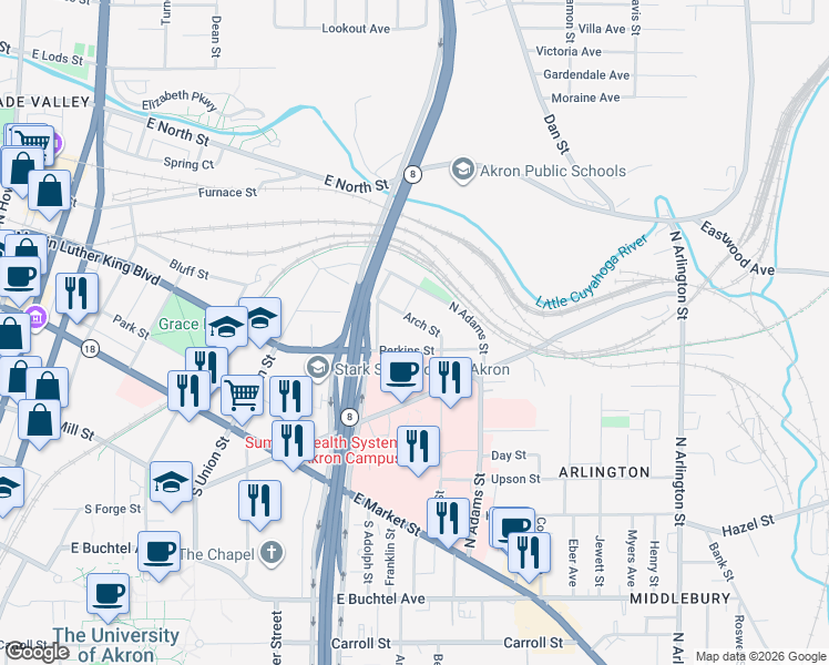 map of restaurants, bars, coffee shops, grocery stores, and more near 261 Arch Street in Akron