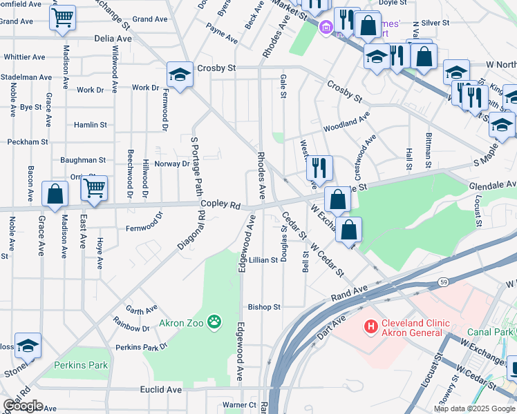 map of restaurants, bars, coffee shops, grocery stores, and more near in Akron