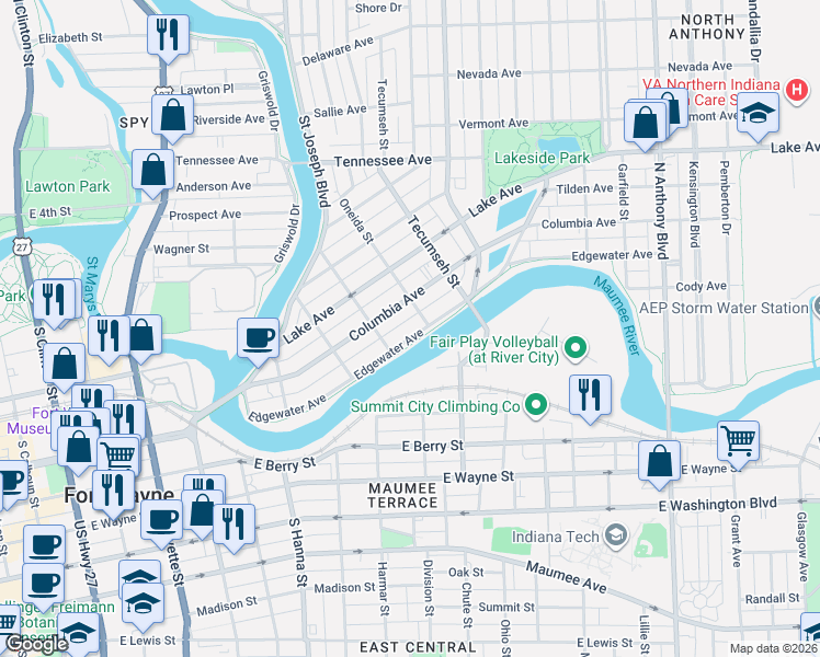 map of restaurants, bars, coffee shops, grocery stores, and more near 1036 Columbia Avenue in Fort Wayne