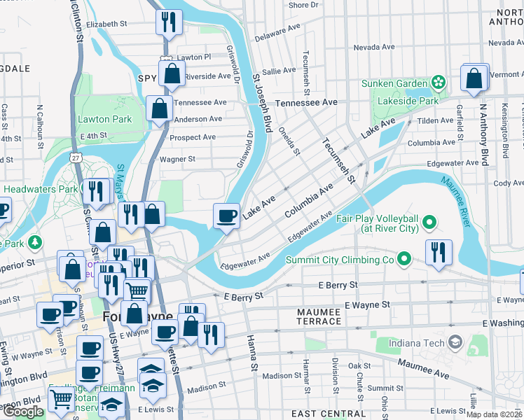 map of restaurants, bars, coffee shops, grocery stores, and more near 932 Lake Avenue in Fort Wayne