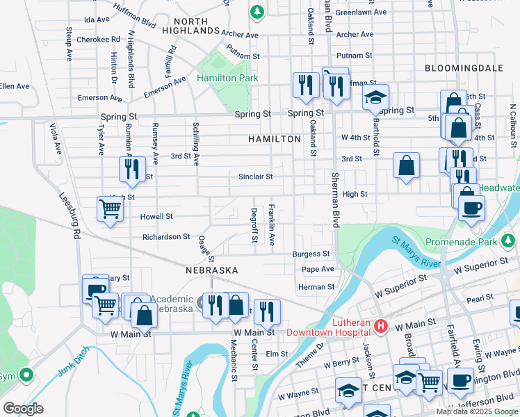 map of restaurants, bars, coffee shops, grocery stores, and more near 1228 High Street in Fort Wayne