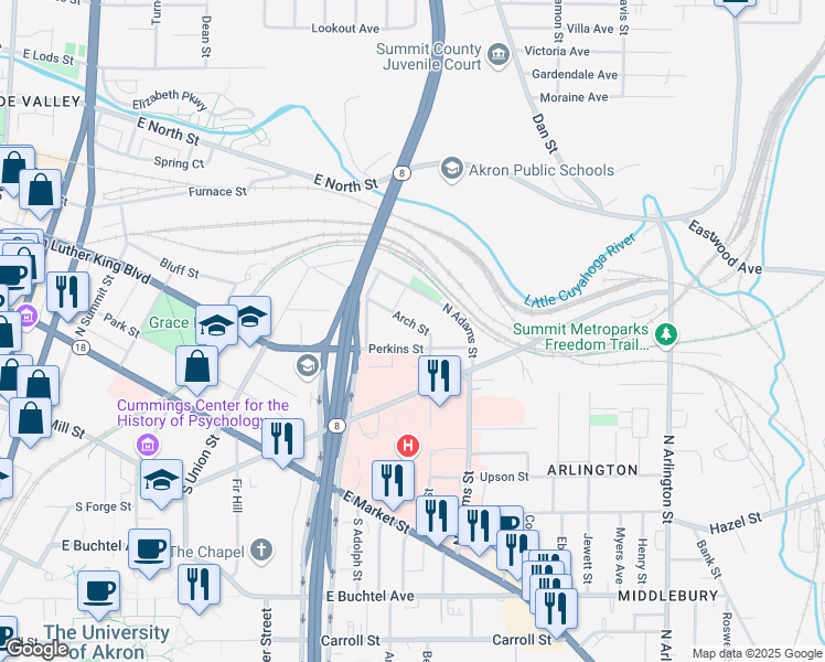 map of restaurants, bars, coffee shops, grocery stores, and more near 261 Arch Street in Akron