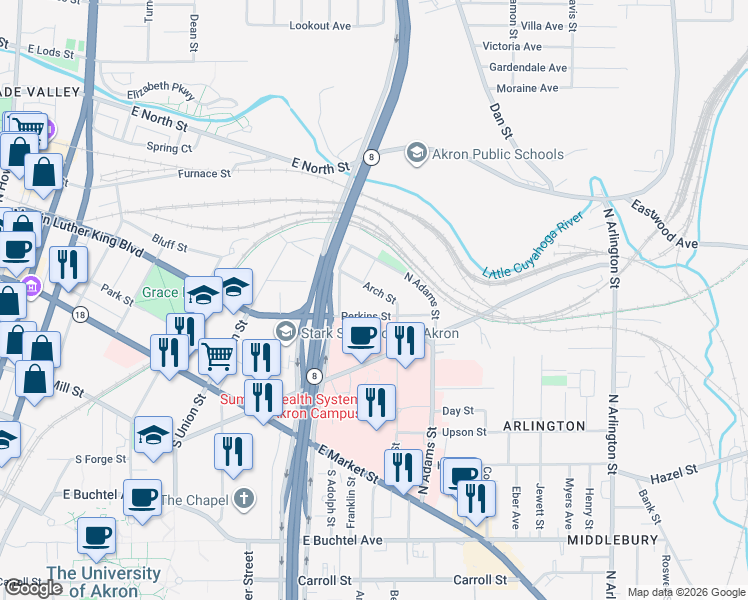 map of restaurants, bars, coffee shops, grocery stores, and more near 261 Arch Street in Akron