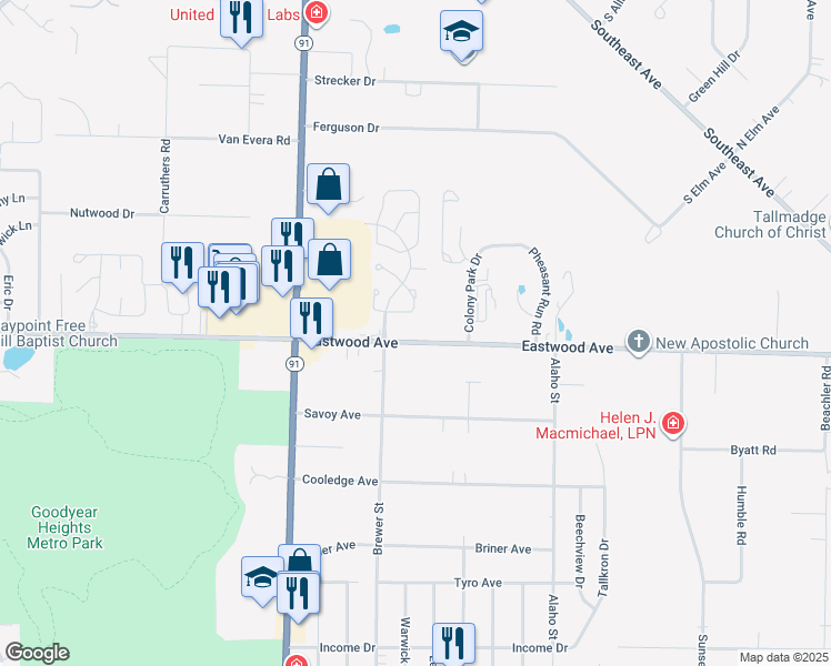 map of restaurants, bars, coffee shops, grocery stores, and more near 2251 Eastwood Avenue in Akron