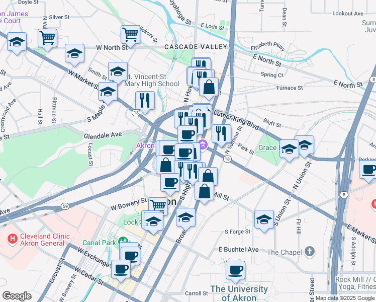map of restaurants, bars, coffee shops, grocery stores, and more near 51 East Market Street in Akron