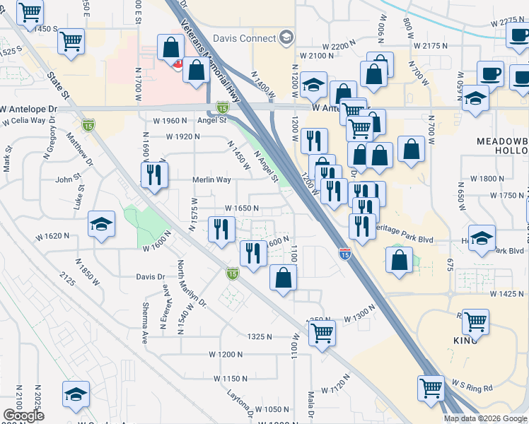 map of restaurants, bars, coffee shops, grocery stores, and more near 1425 West 1650 North in Layton