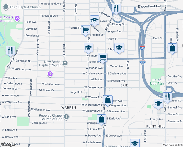 map of restaurants, bars, coffee shops, grocery stores, and more near 66 West Marion Avenue in Youngstown
