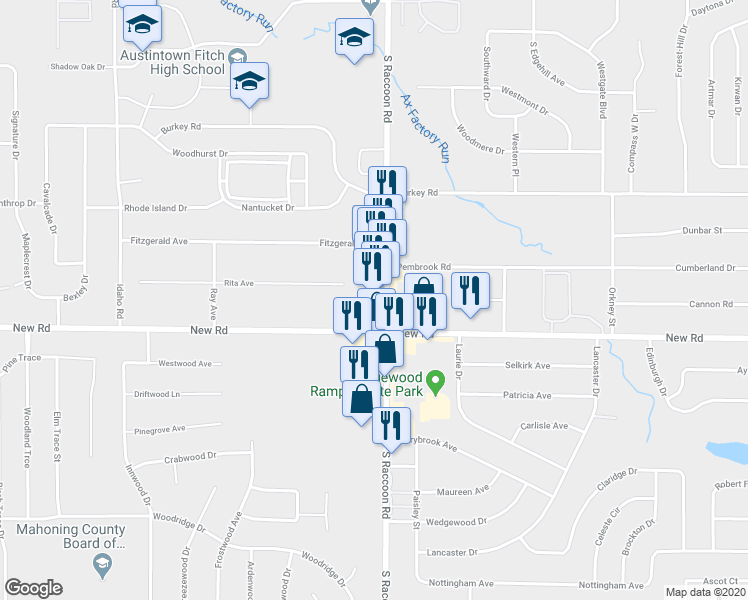 map of restaurants, bars, coffee shops, grocery stores, and more near 1622 South Raccoon Road in Youngstown