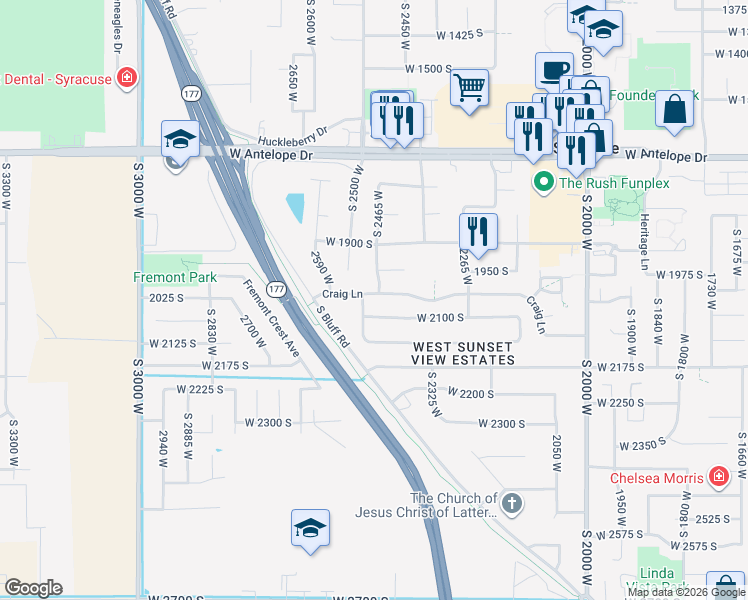 map of restaurants, bars, coffee shops, grocery stores, and more near 1988 South 2465 West in Syracuse