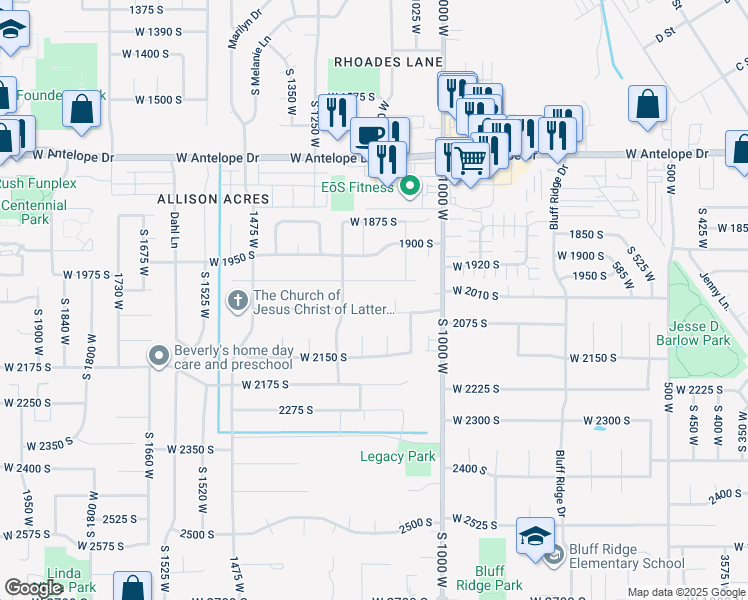 map of restaurants, bars, coffee shops, grocery stores, and more near 1142 West 2050 South in Syracuse
