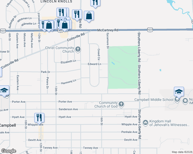 map of restaurants, bars, coffee shops, grocery stores, and more near 23 Creed Circle in Campbell