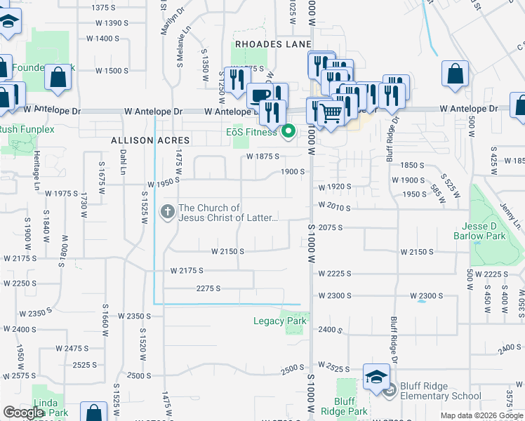 map of restaurants, bars, coffee shops, grocery stores, and more near 1142 West 2050 South in Syracuse