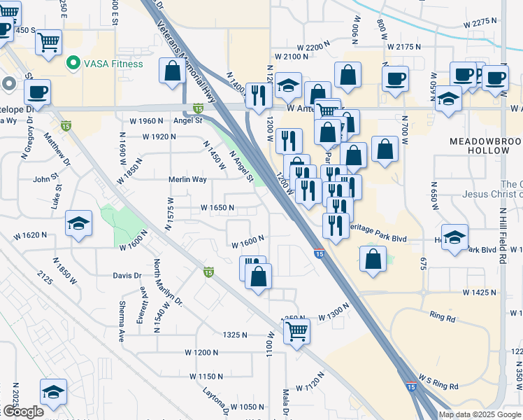map of restaurants, bars, coffee shops, grocery stores, and more near 1204 West 1650 North in Layton