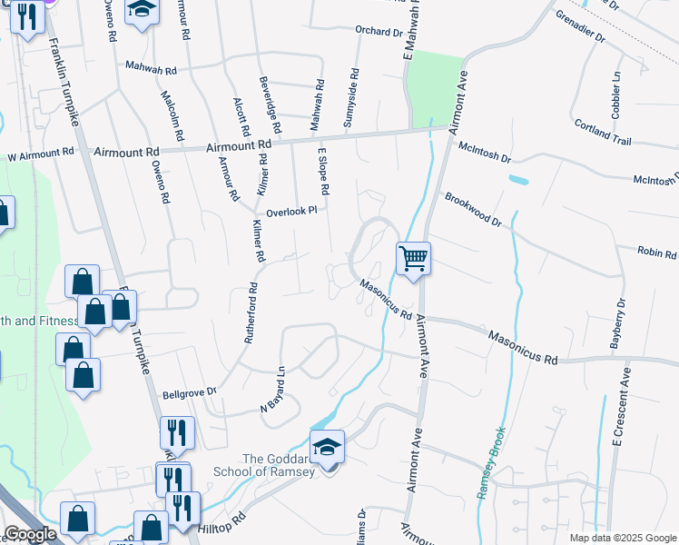 map of restaurants, bars, coffee shops, grocery stores, and more near 1240 Garrison Court in Mahwah