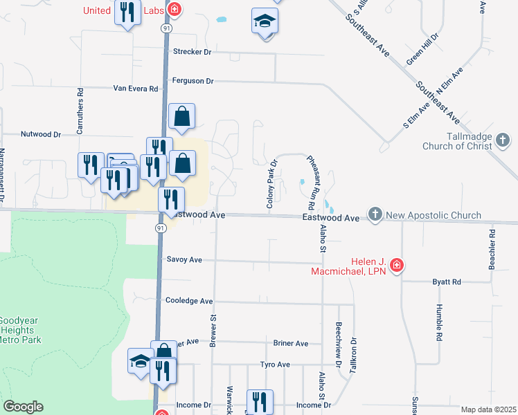 map of restaurants, bars, coffee shops, grocery stores, and more near 897 Colony Park Drive in Akron