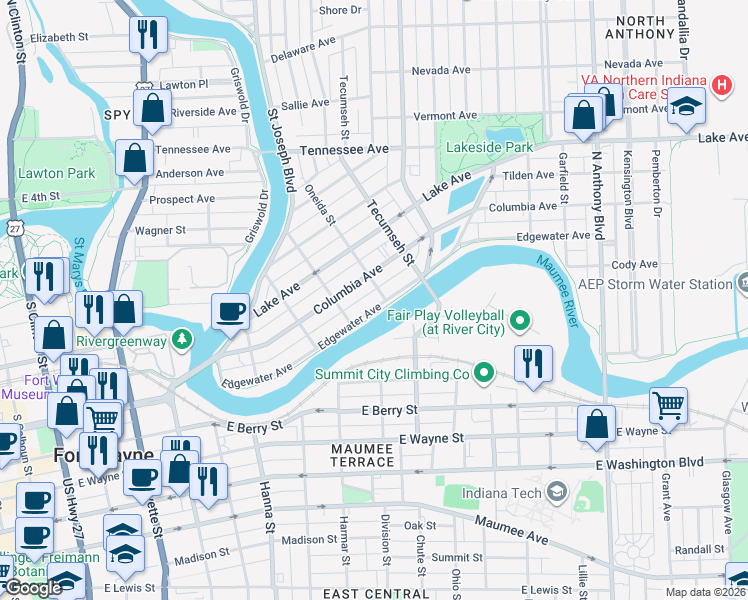 map of restaurants, bars, coffee shops, grocery stores, and more near 1036 Columbia Avenue in Fort Wayne