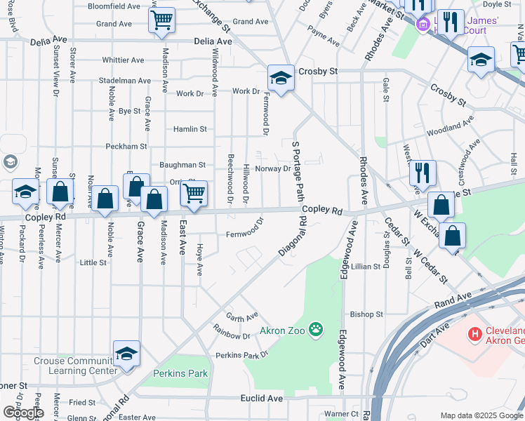 map of restaurants, bars, coffee shops, grocery stores, and more near Copley Rd & Fernwood Dr in Akron