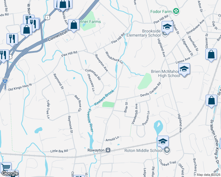 map of restaurants, bars, coffee shops, grocery stores, and more near 2 Finch Court in Norwalk