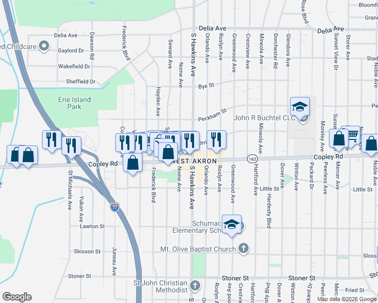 map of restaurants, bars, coffee shops, grocery stores, and more near 1330 Orrin Street in Akron