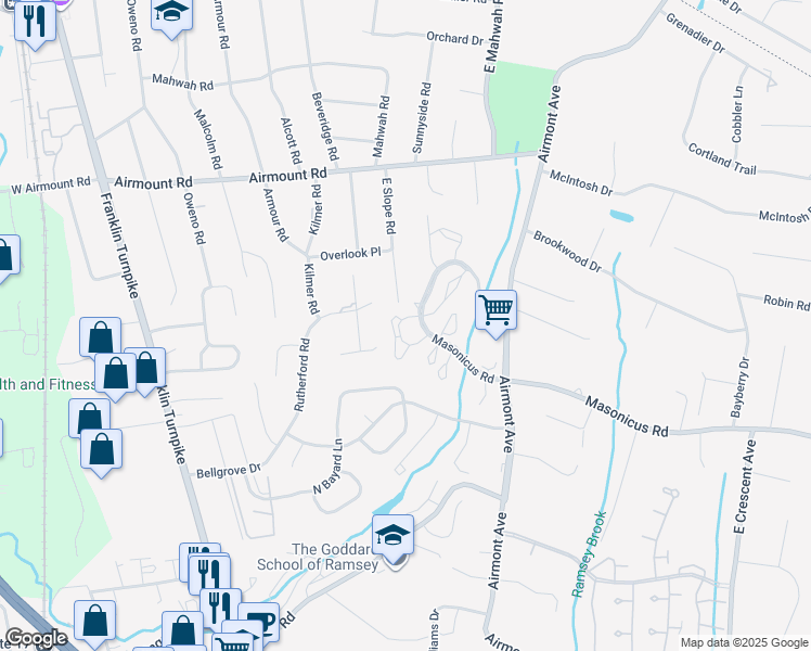 map of restaurants, bars, coffee shops, grocery stores, and more near 1250 Garrison Court in Mahwah