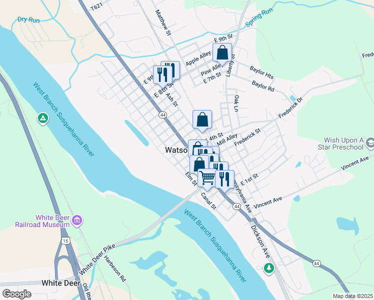 map of restaurants, bars, coffee shops, grocery stores, and more near in Watsontown