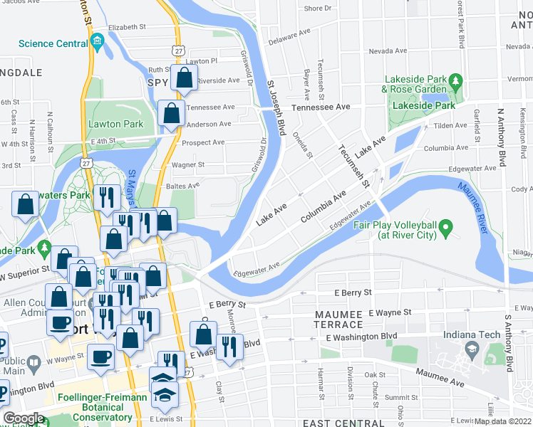 map of restaurants, bars, coffee shops, grocery stores, and more near 837 Lake Avenue in Fort Wayne
