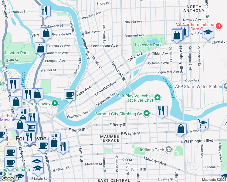map of restaurants, bars, coffee shops, grocery stores, and more near 1036 Columbia Avenue in Fort Wayne