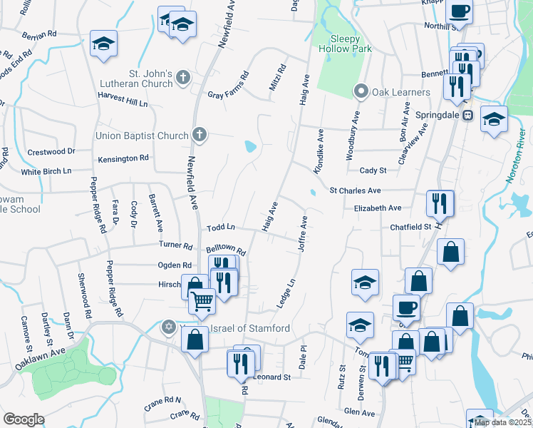 map of restaurants, bars, coffee shops, grocery stores, and more near 24 Haig Avenue in Stamford