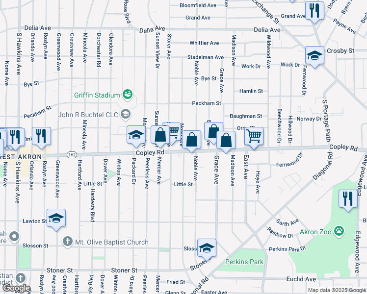 map of restaurants, bars, coffee shops, grocery stores, and more near 459 Noah Avenue in Akron