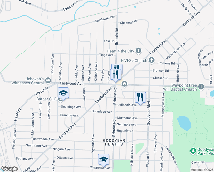 map of restaurants, bars, coffee shops, grocery stores, and more near 1404 Eastwood Avenue in Akron
