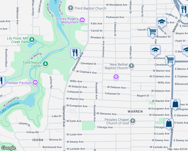 map of restaurants, bars, coffee shops, grocery stores, and more near 523-525 West Chalmers Avenue in Youngstown