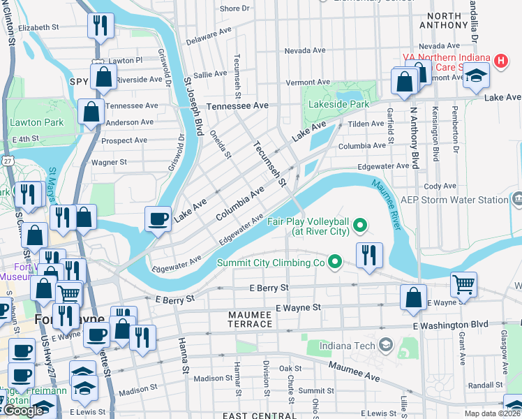 map of restaurants, bars, coffee shops, grocery stores, and more near 1037 Edgewater Avenue in Fort Wayne
