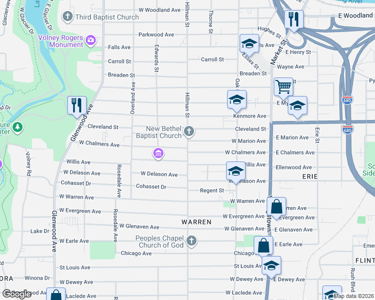 map of restaurants, bars, coffee shops, grocery stores, and more near 209 West Marion Avenue in Youngstown