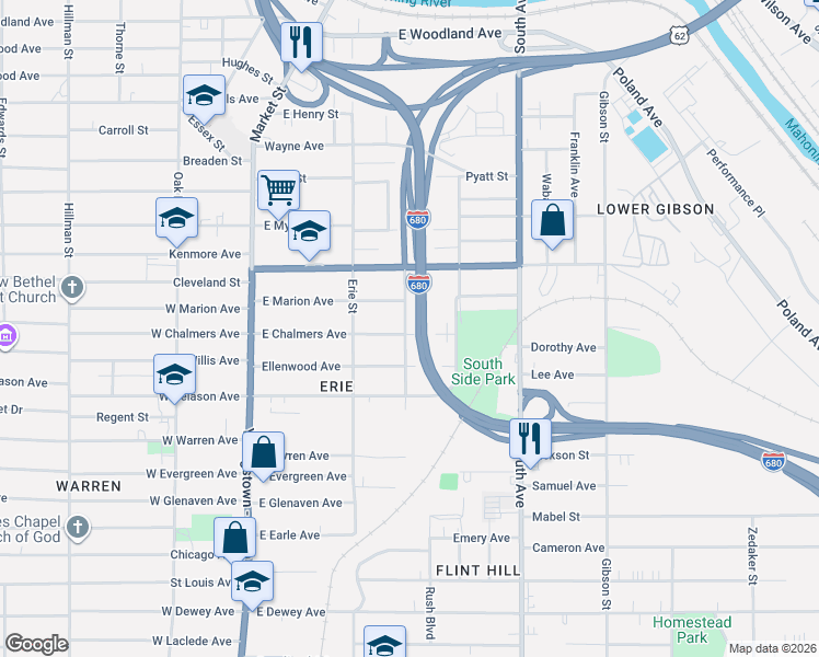 map of restaurants, bars, coffee shops, grocery stores, and more near 204 East Chalmers Avenue in Youngstown